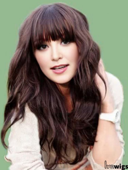 Real Hair Wigs Long Length Brown Color With Bangs Monofilament